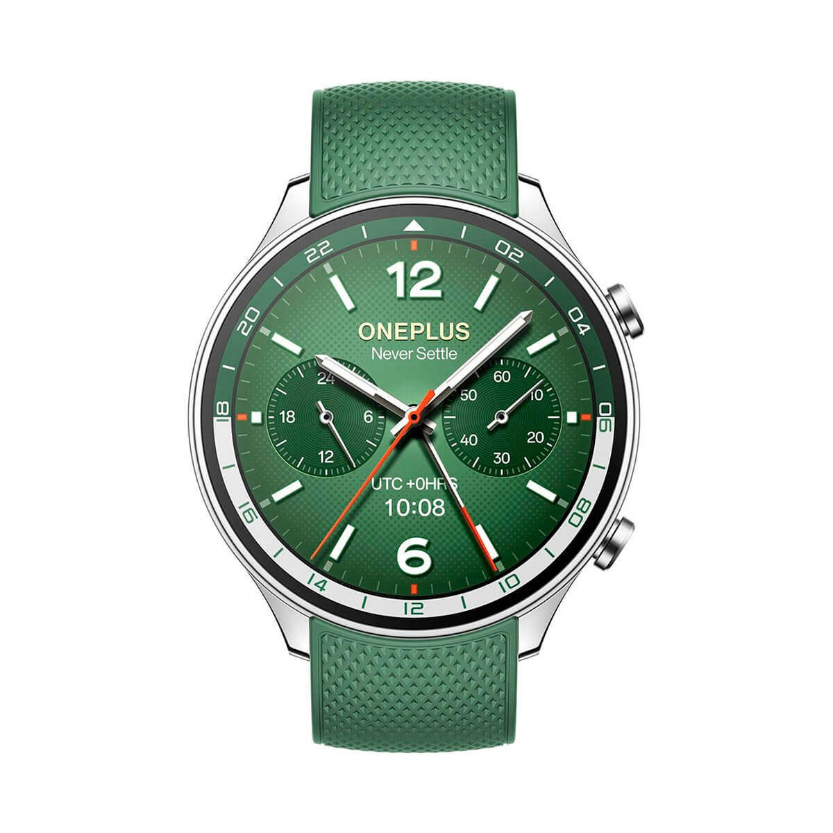 Une montre connectée OnePlus verte avec un boîtier en métal argenté, un bracelet en silicone texturé et un chronographe.