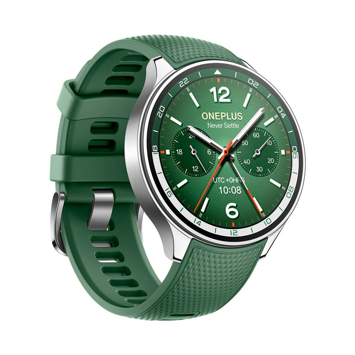 Une montre connectée OnePlus verte avec une lunette argentée et un bracelet en silicone texturé affiche un cadran analogique.