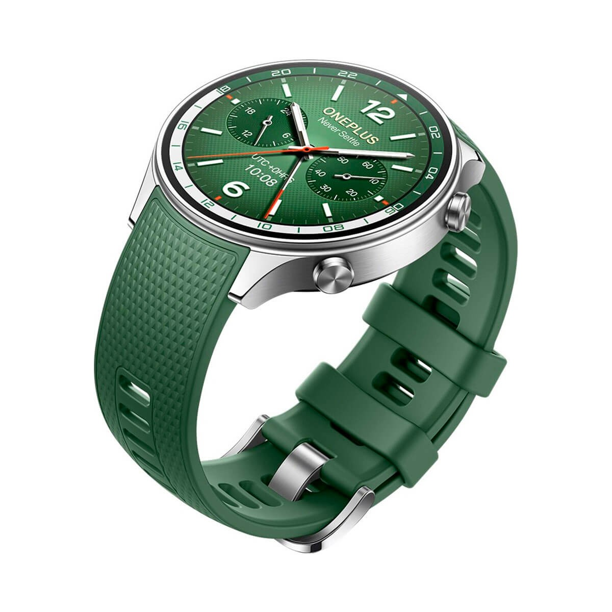 Une montre connectée argentée avec cadran vert et bracelet en silicone vert texturé sur fond blanc.