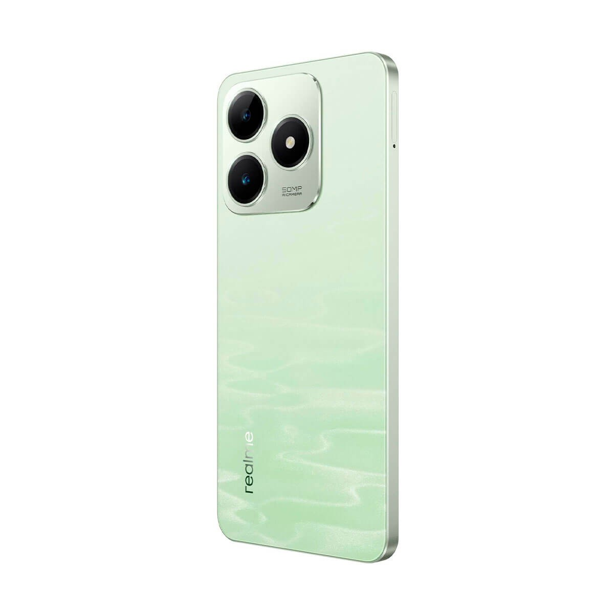 Uno smartphone verde chiaro con un sistema a tripla fotocamera sul retro e il logo Realme.