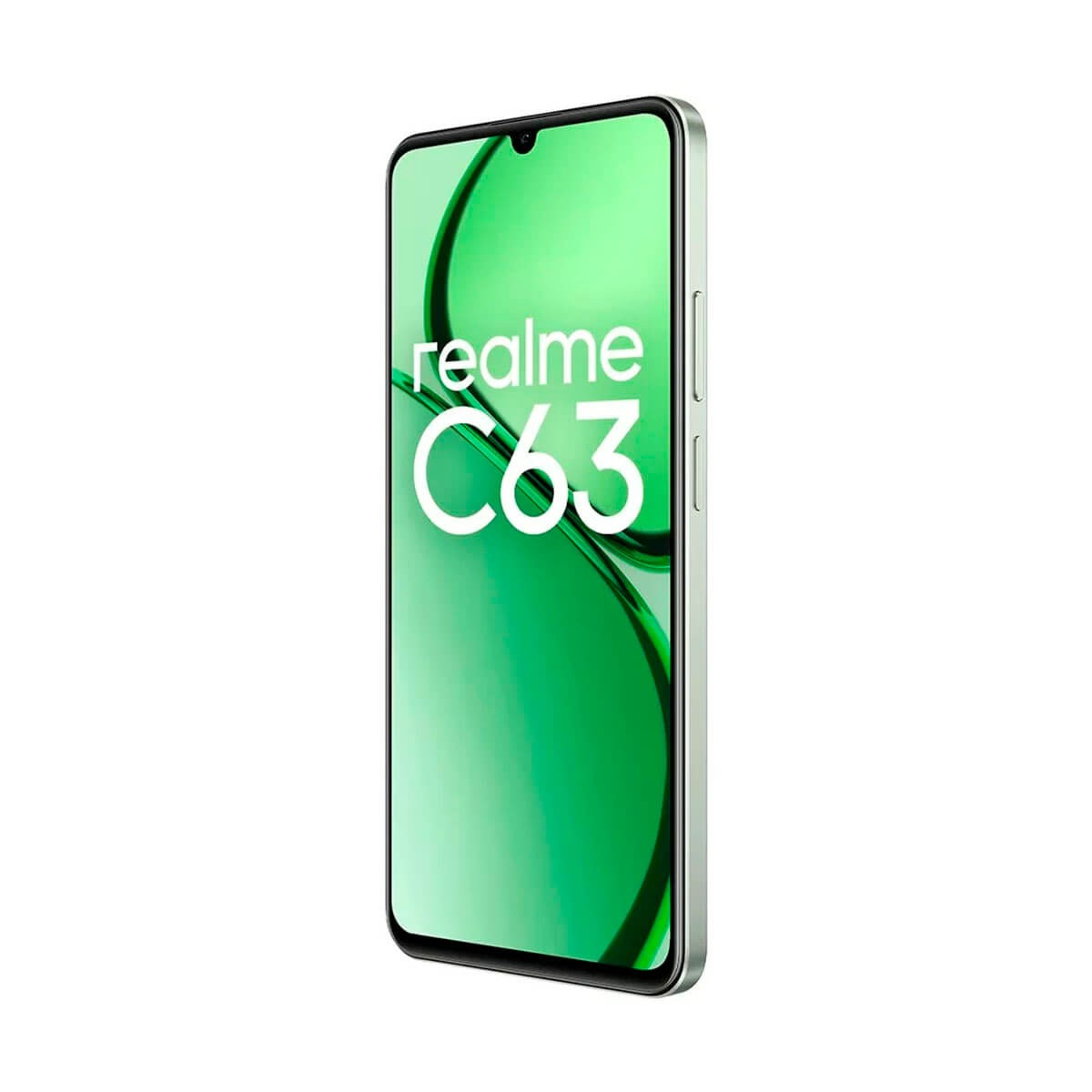 Uno smartphone Realme C33 argentato mostra il nome della marca e il modello sullo schermo verde.