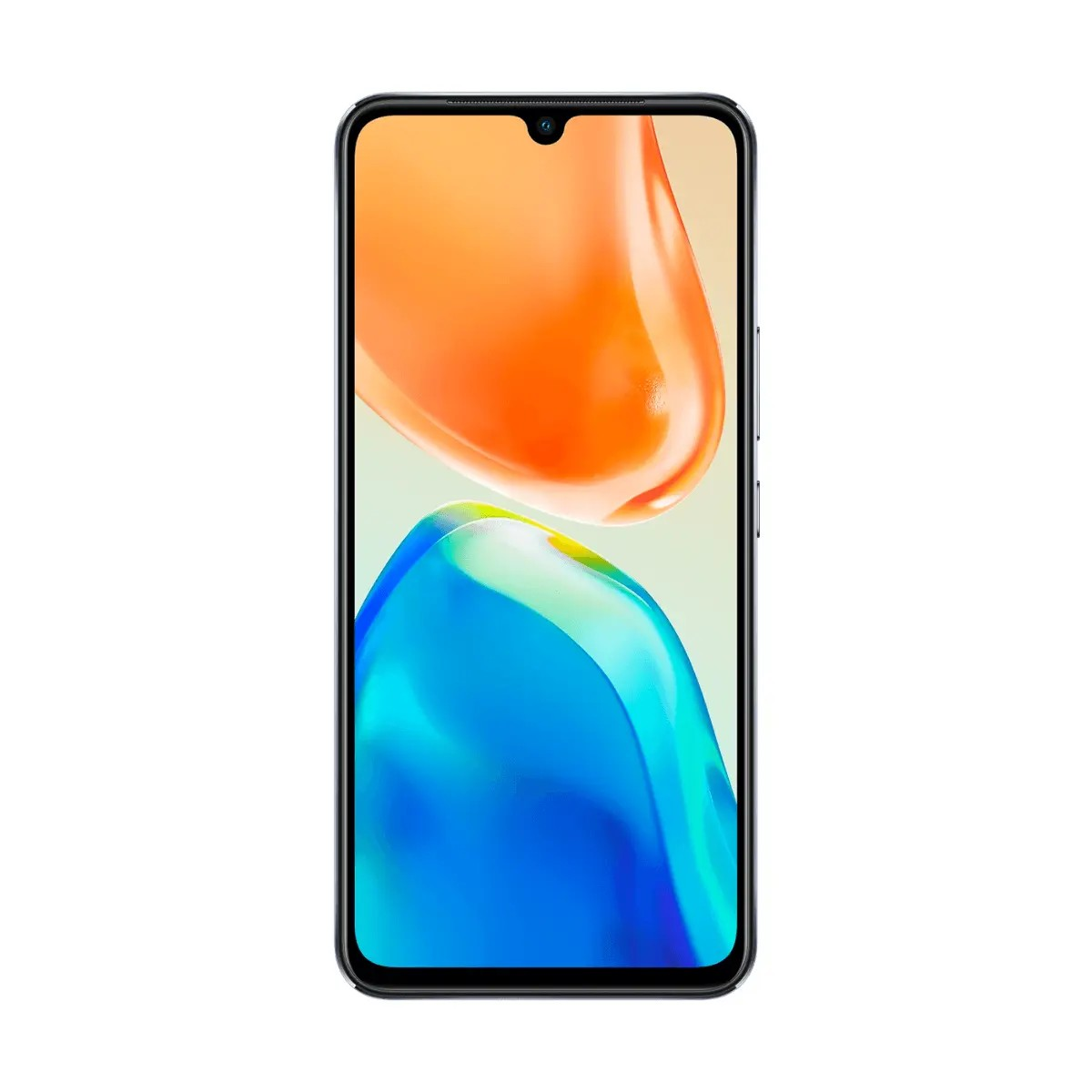 Ein schwarzes Smartphone mit lebendigem, abstractem Hintergrundbild in Orange und Blau auf dem Bildschirm.