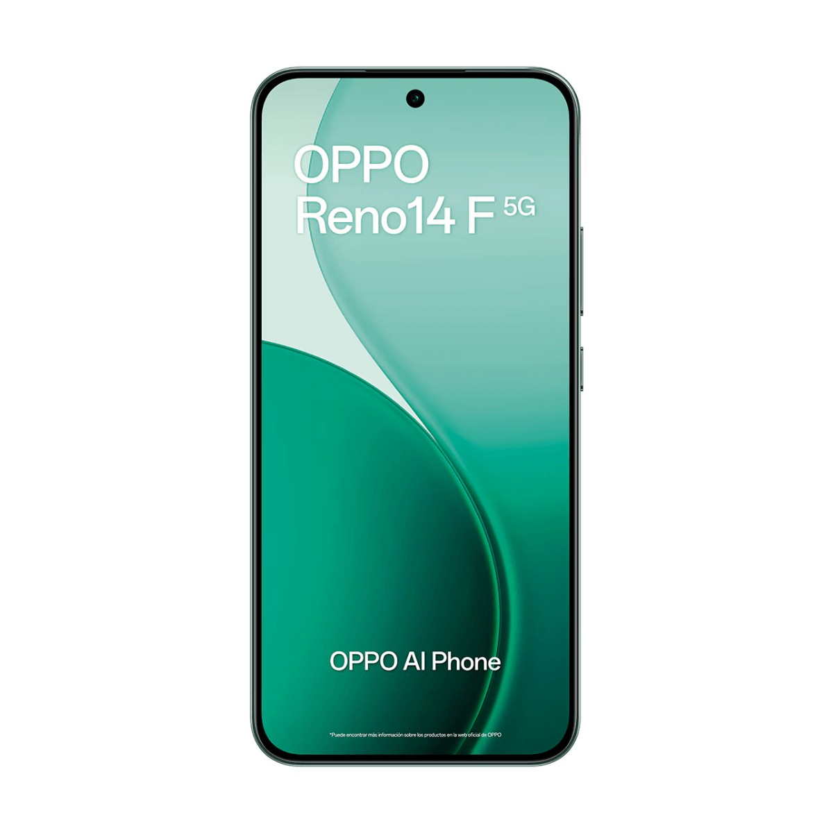 Uno smartphone nero Oppo Reno14 F 5G con sfondo verde e testo bianco Oppo AI Phone.