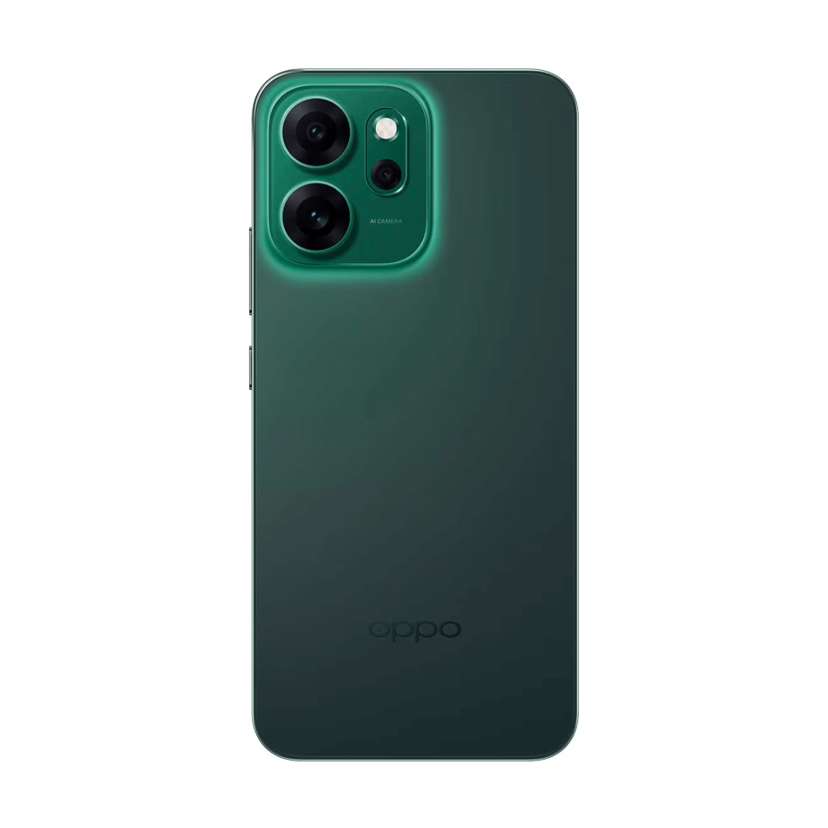 Retro di uno smartphone Oppo verde con modulo fotocamera luminoso e logo.