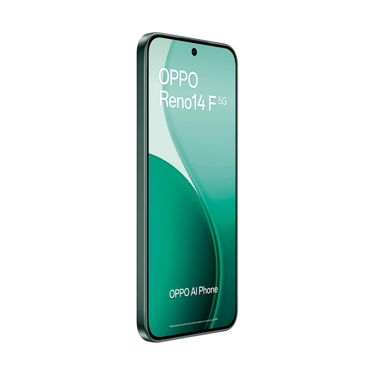 Smartphone verde OPPO Reno14 F 5G in verticale con schermo verde e testo bianco.