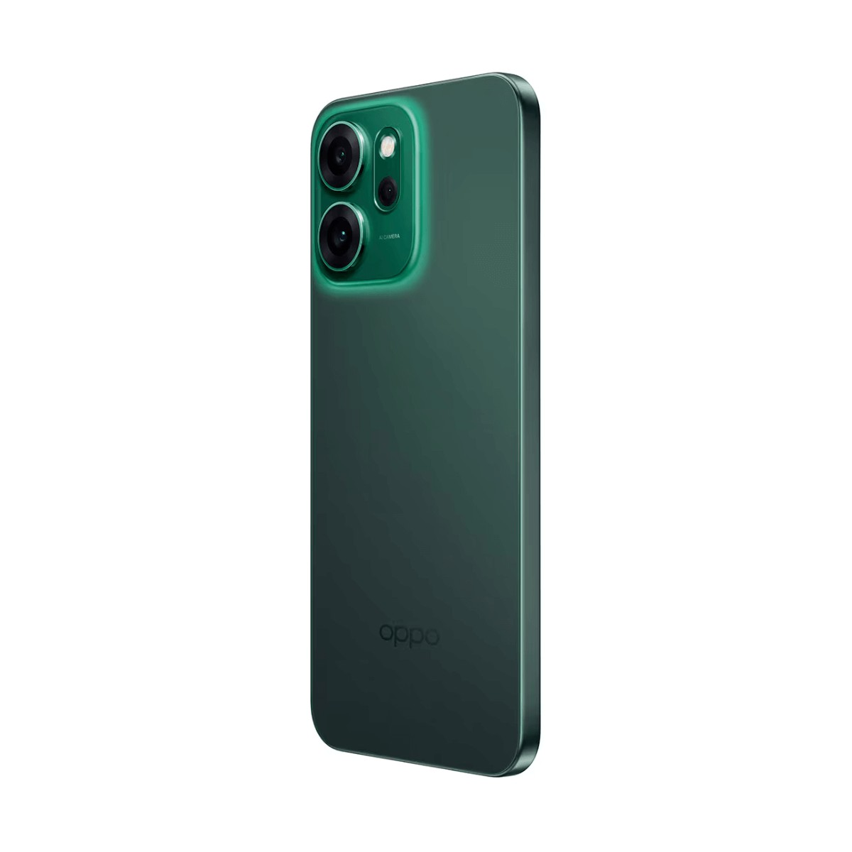 Uno smartphone Oppo verde con doppia fotocamera e modulo luminoso su sfondo bianco.