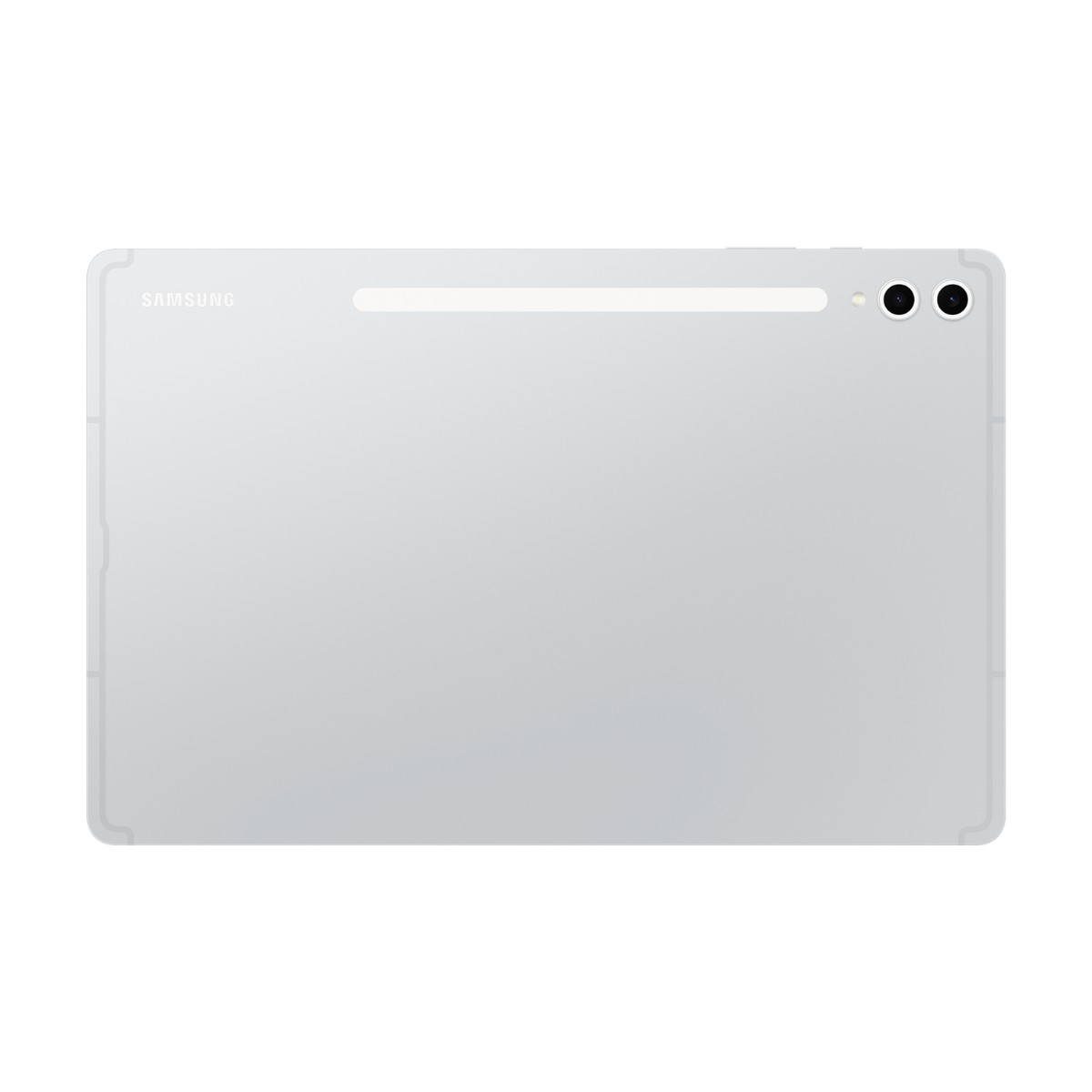 Retro di un tablet Samsung argento con due fotocamere e una striscia magnetica per stilo.