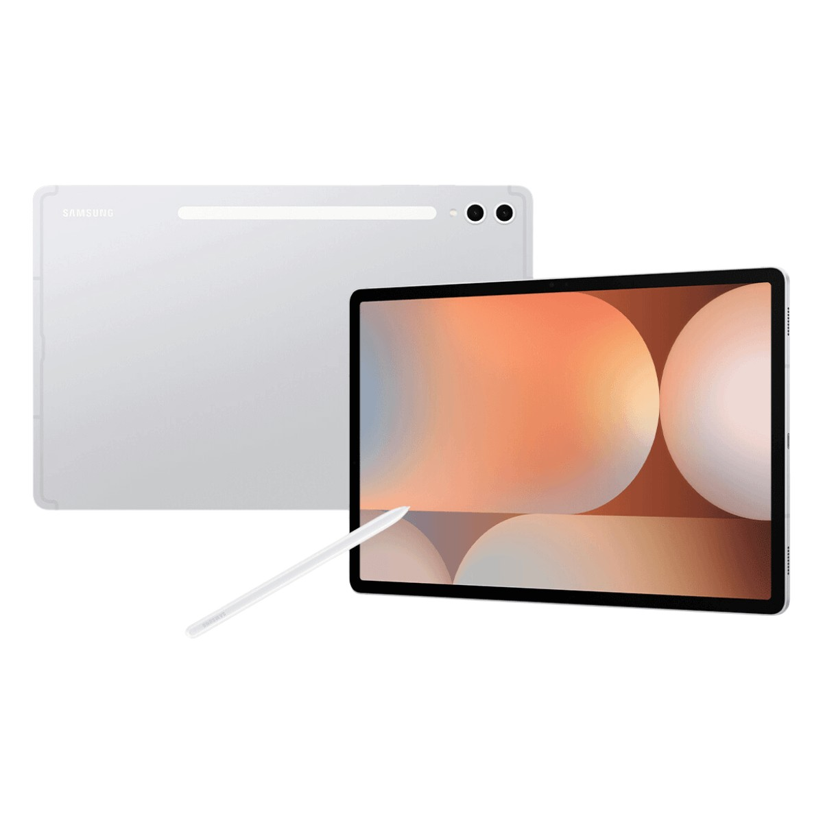 Un tablet Samsung argento con pennino mostra lo schermo e il retro con due fotocamere su sfondo bianco.