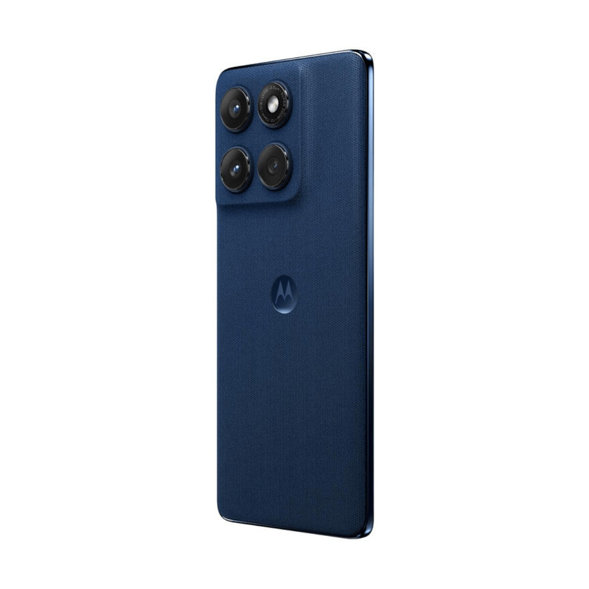 Retro blu di uno smartphone con quattro fotocamere e logo Motorola su sfondo bianco.