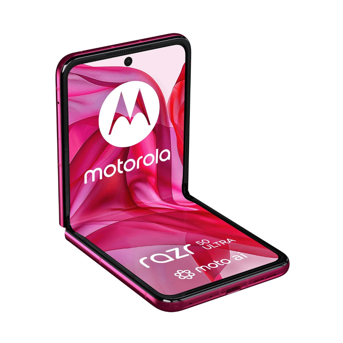 Ein pinkfarbenes, faltbares Motorola Razr 50 Ultra Smartphone zeigt ein rosafarbenes Hintergrundbild mit Motorola-Logo.