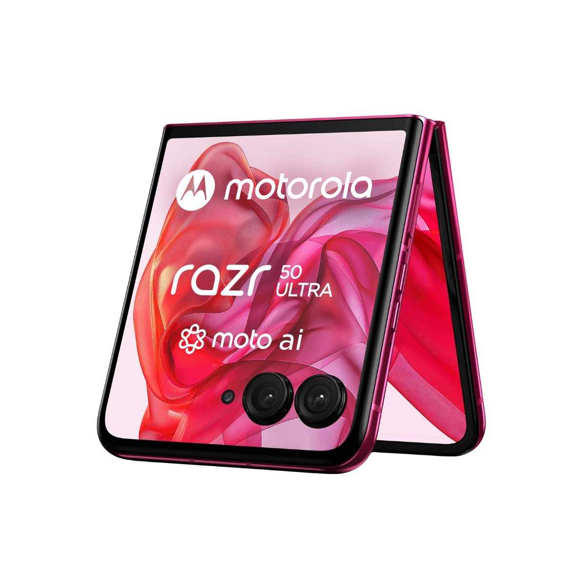 Ein pinkes Motorola Razr 50 Ultra Smartphone ist halb zusammengeklappt, mit einer roten abstrakten Anzeige auf dem Bildschirm.