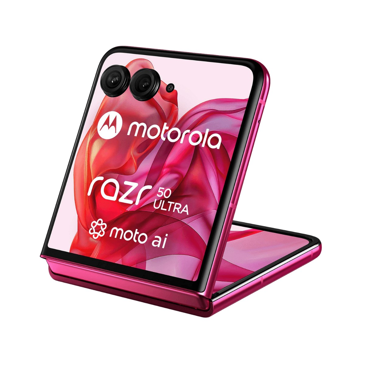 Rosa Motorola Razr 50 Ultra Smartphone aufgeklappt mit abstrakter roter Tapete und zwei Hauptkameras auf weißem Hintergrund.