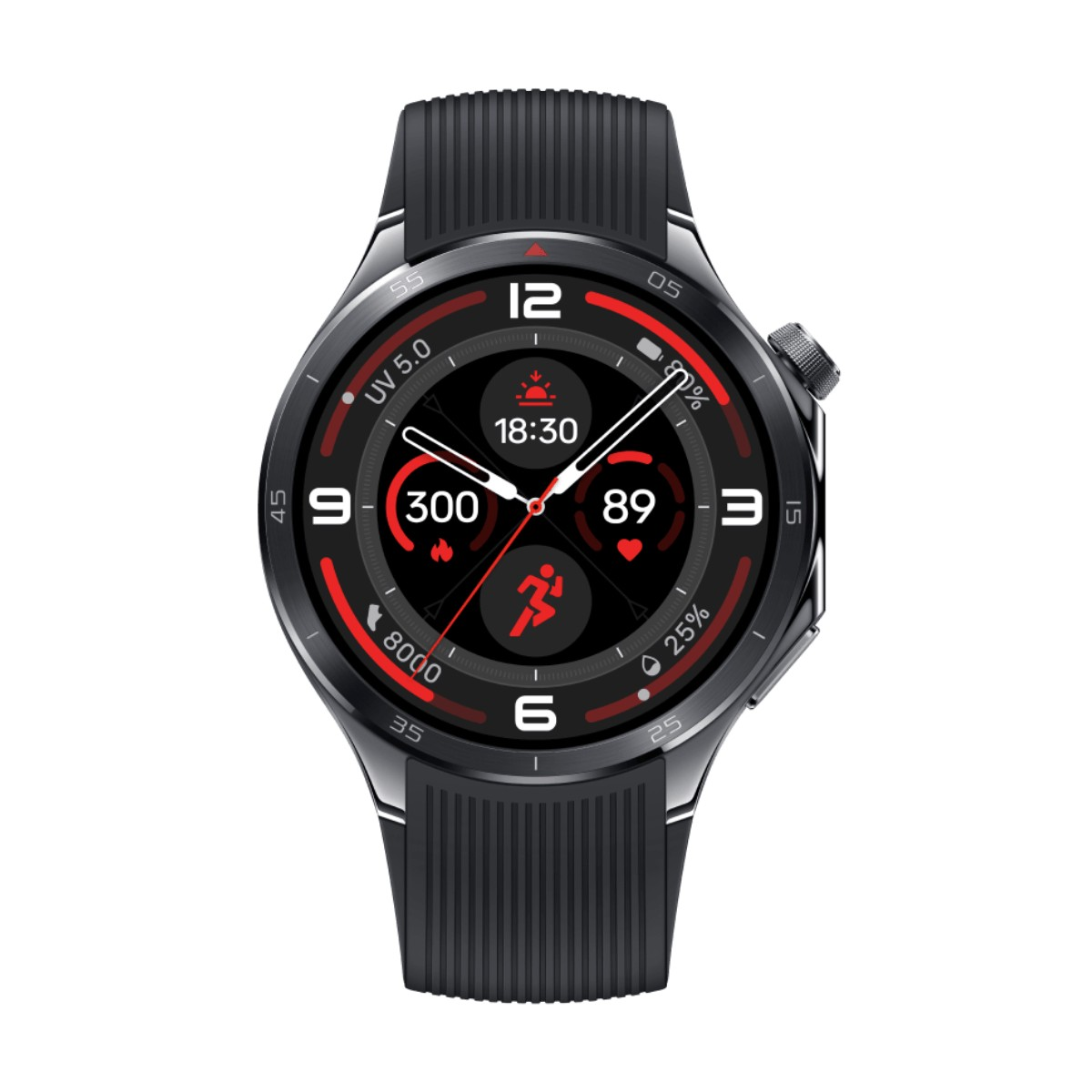Uno smartwatch nero con quadrante digitale rosso e bianco che mostra dati di fitness e cinturino a coste.
