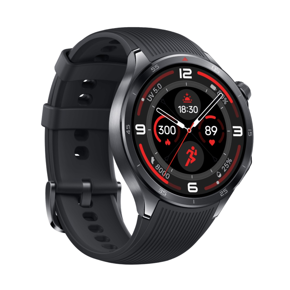 Uno smartwatch nero con display digitale rotondo e cinturino in gomma nera su sfondo bianco.