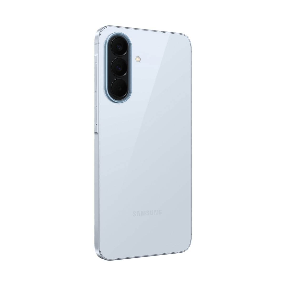 Retro di uno smartphone Samsung azzurro con una tripla fotocamera verticale e il logo Samsung.