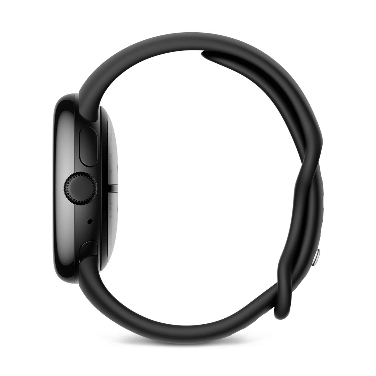 Vue latérale d'une montre connectée noire avec un bracelet en silicone noir sur fond blanc.