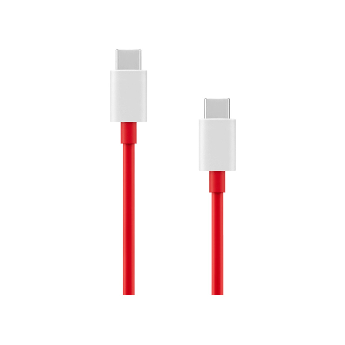 Due cavi USB-C rossi con connettori bianchi su sfondo bianco.