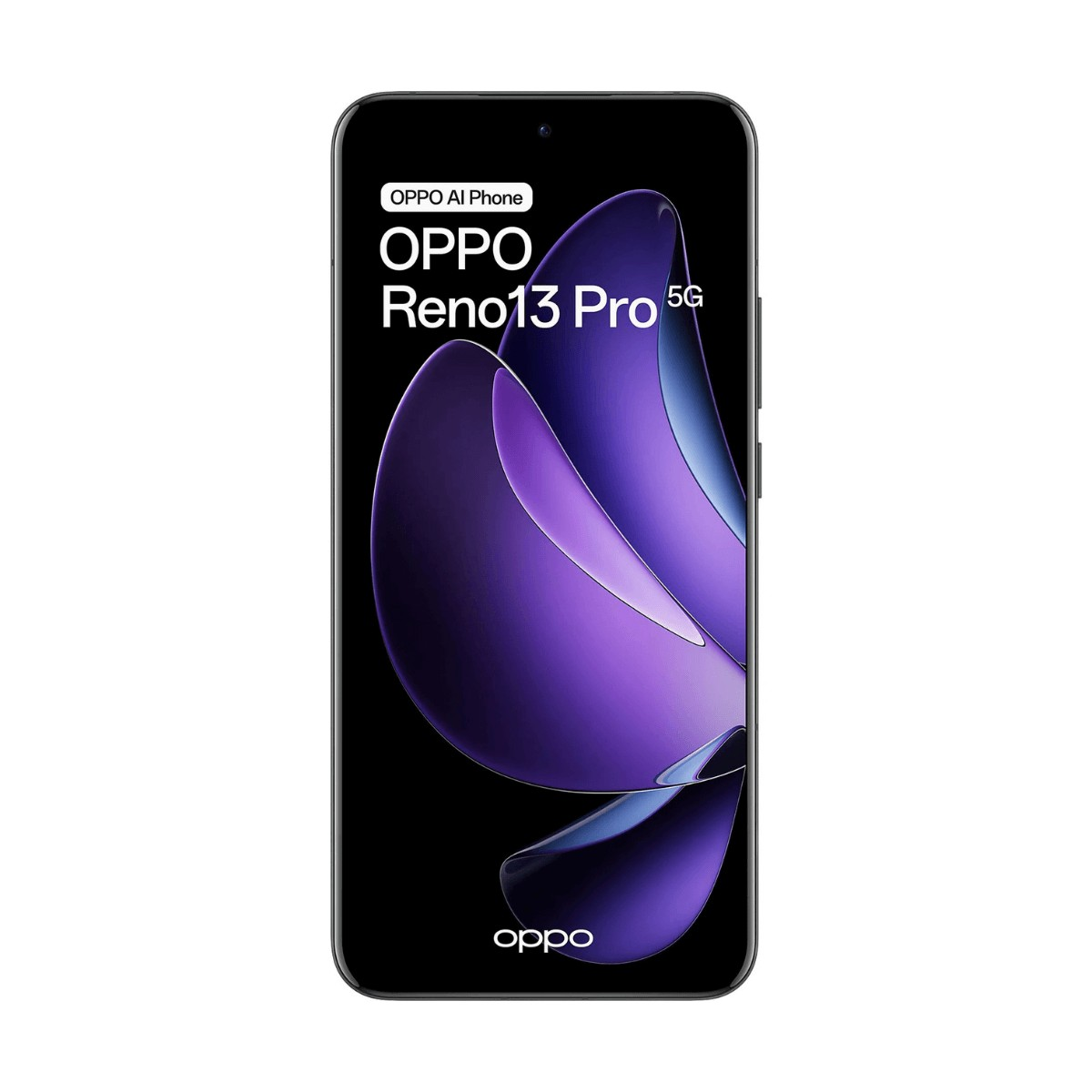 Smartphone Oppo Reno13 Pro 5G con grafica viola astratta e logo del marchio sullo schermo.