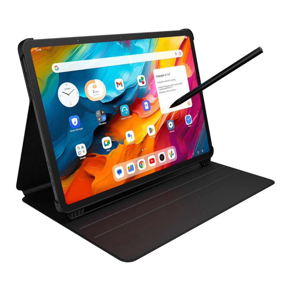 Een zwarte tablet in een beschermhoes met kleurrijke interface en een stylus.