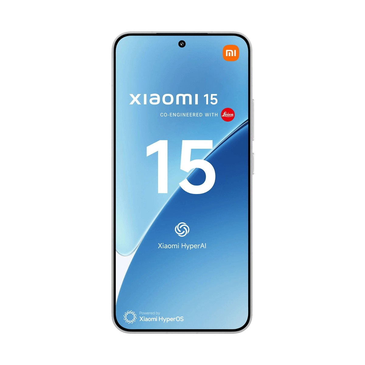 Uno smartphone Xiaomi 15 bianco mostra una schermata iniziale blu con i testi Xiaomi 15 e Xiaomi HyperOS.