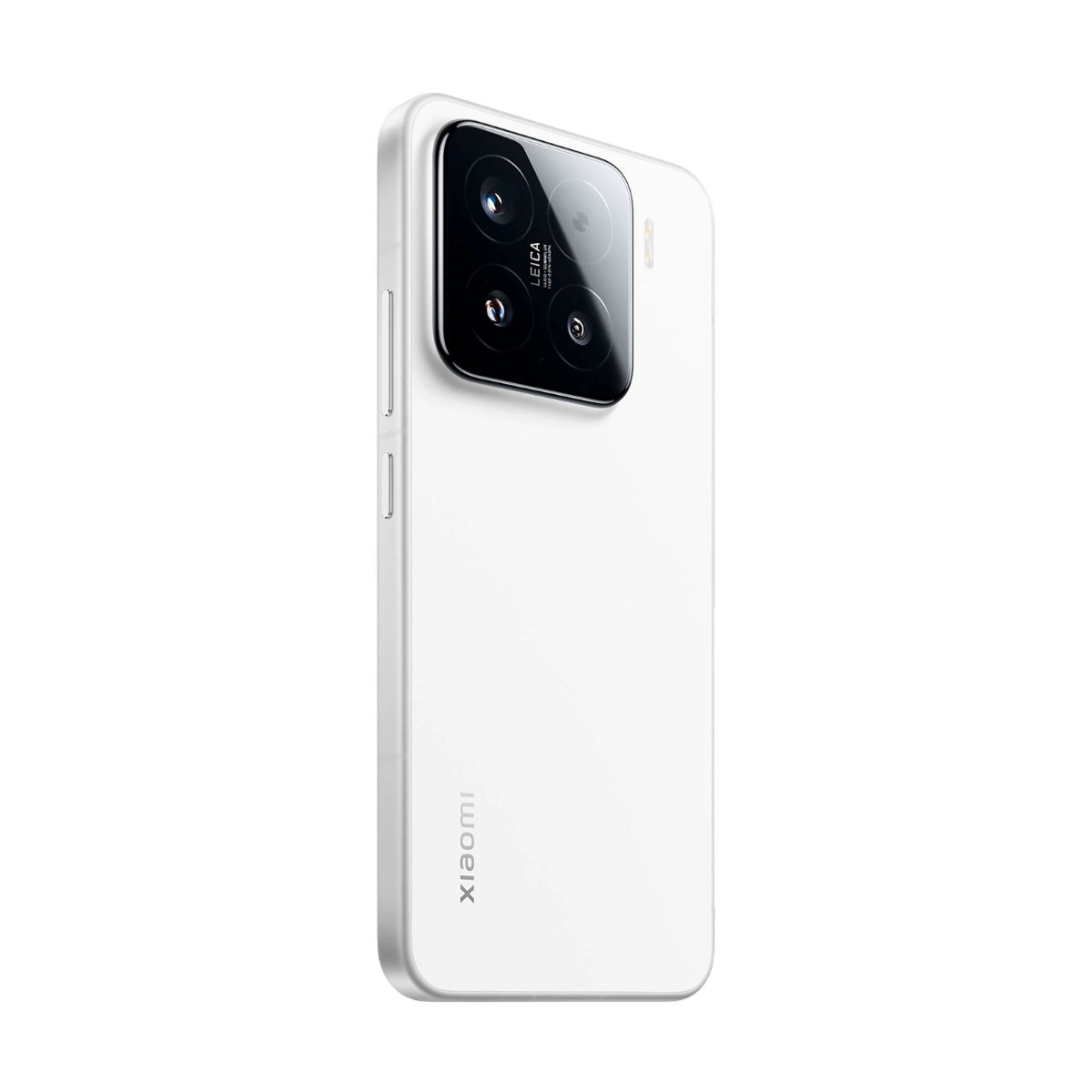 Smartphone Xiaomi bianco visto da dietro, con un grande modulo fotocamera quadrato in alto a sinistra.
