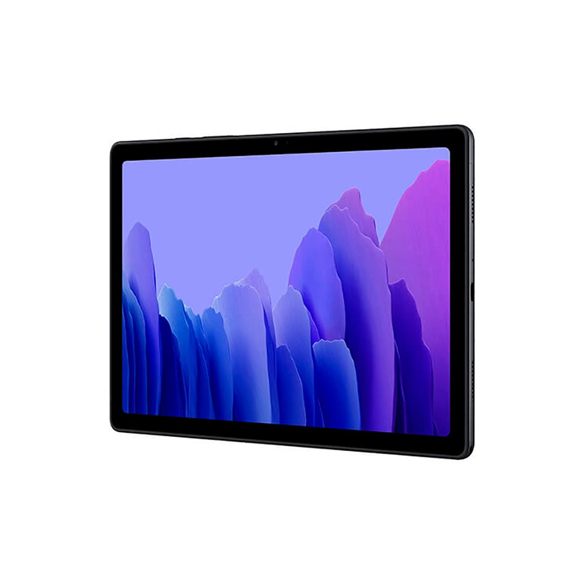 Un tablet nero che mostra uno sfondo colorato e astratto di un paesaggio montano.