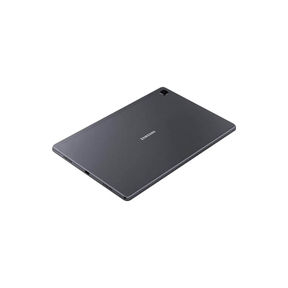 Un tablet Samsung grigio scuro visto da dietro con fotocamera e logo su sfondo bianco.
