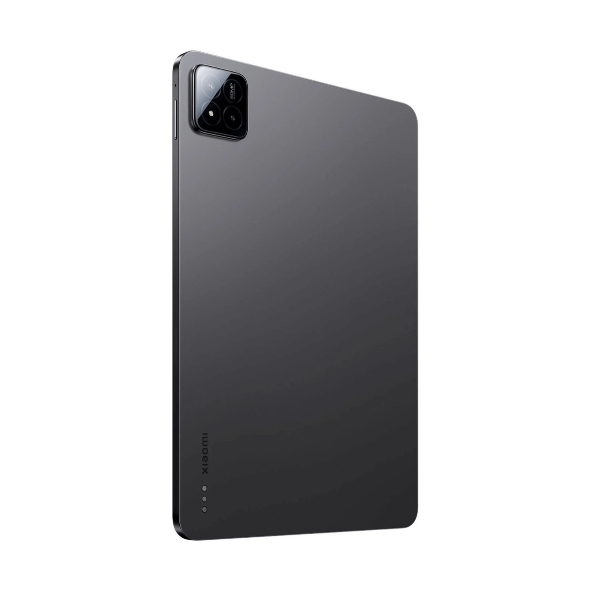 Vista posteriore di un tablet Xiaomi grigio con modulo fotocamera rettangolare in alto a sinistra su sfondo bianco.