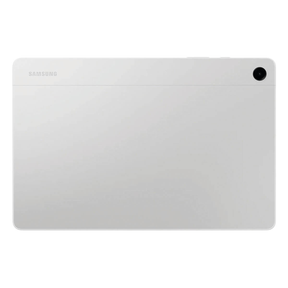 Retro di un tablet Samsung argentato con una fotocamera in alto a destra e il logo Samsung a sinistra.