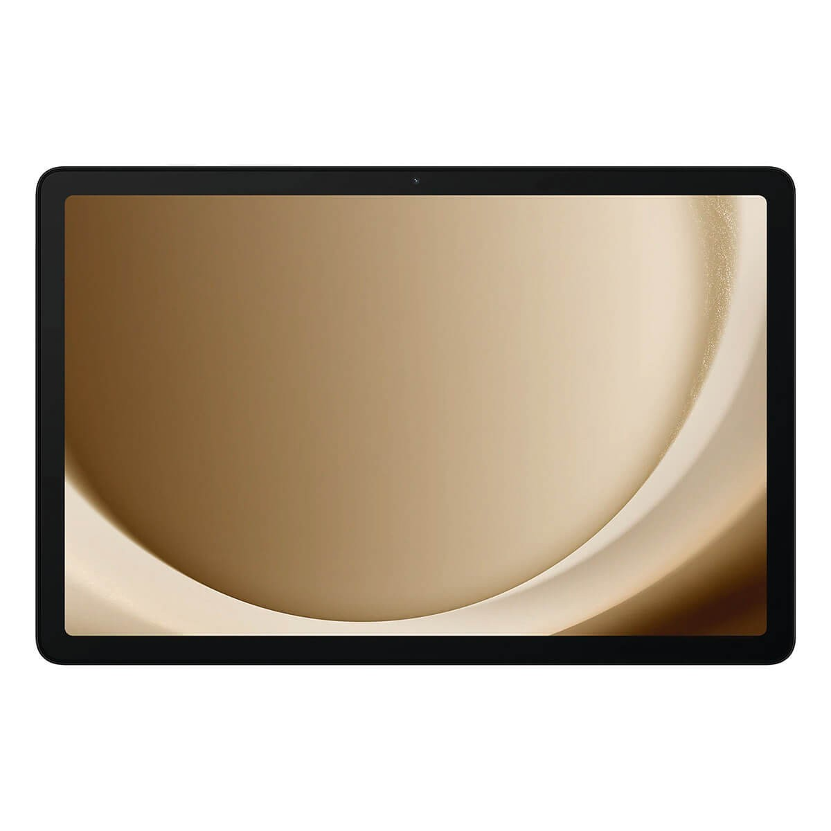 Un tablet nero mostra uno sfondo astratto a spirale marrone sullo schermo.