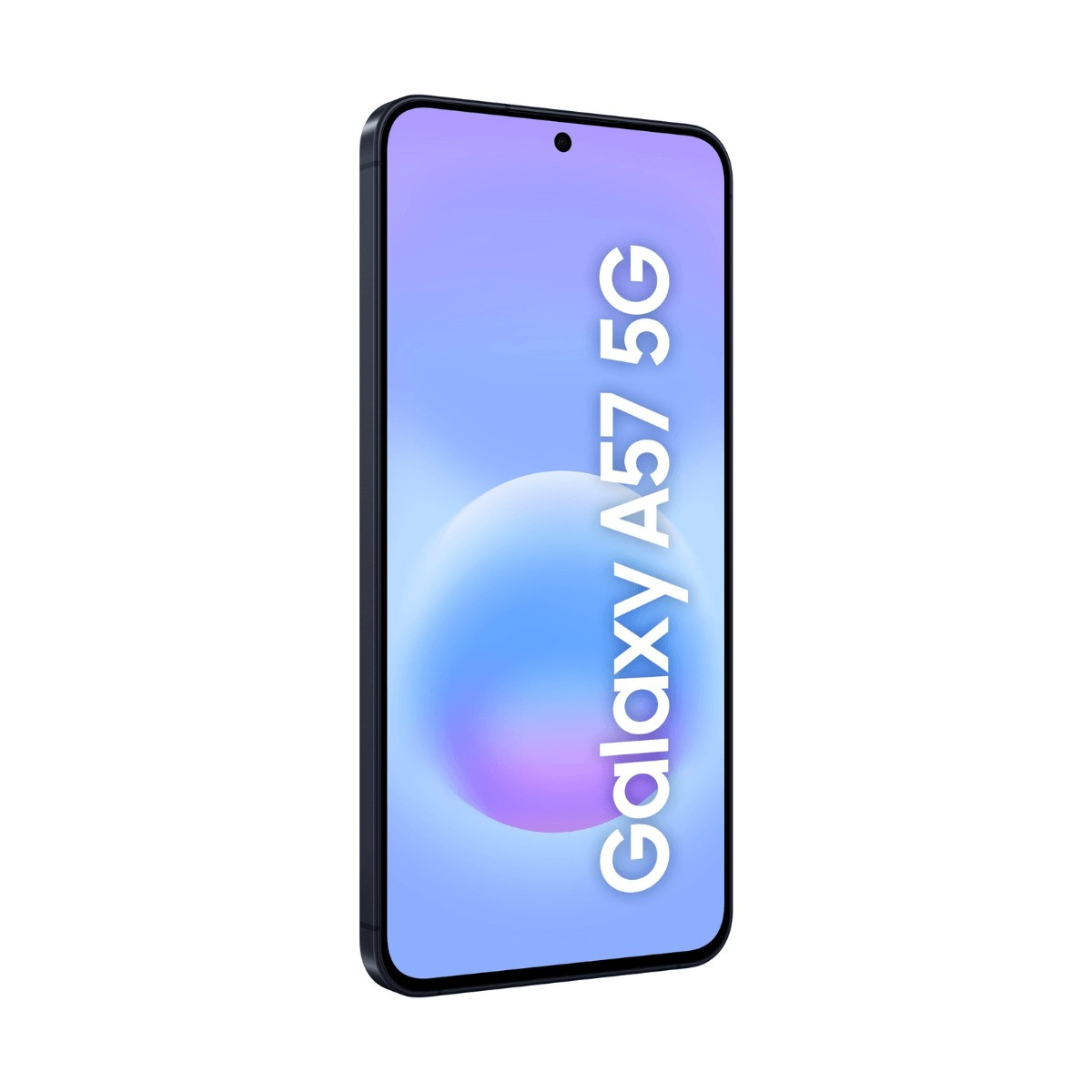 Uno smartphone nero con la scritta Galaxy A57 5G sullo schermo azzurro su sfondo bianco.