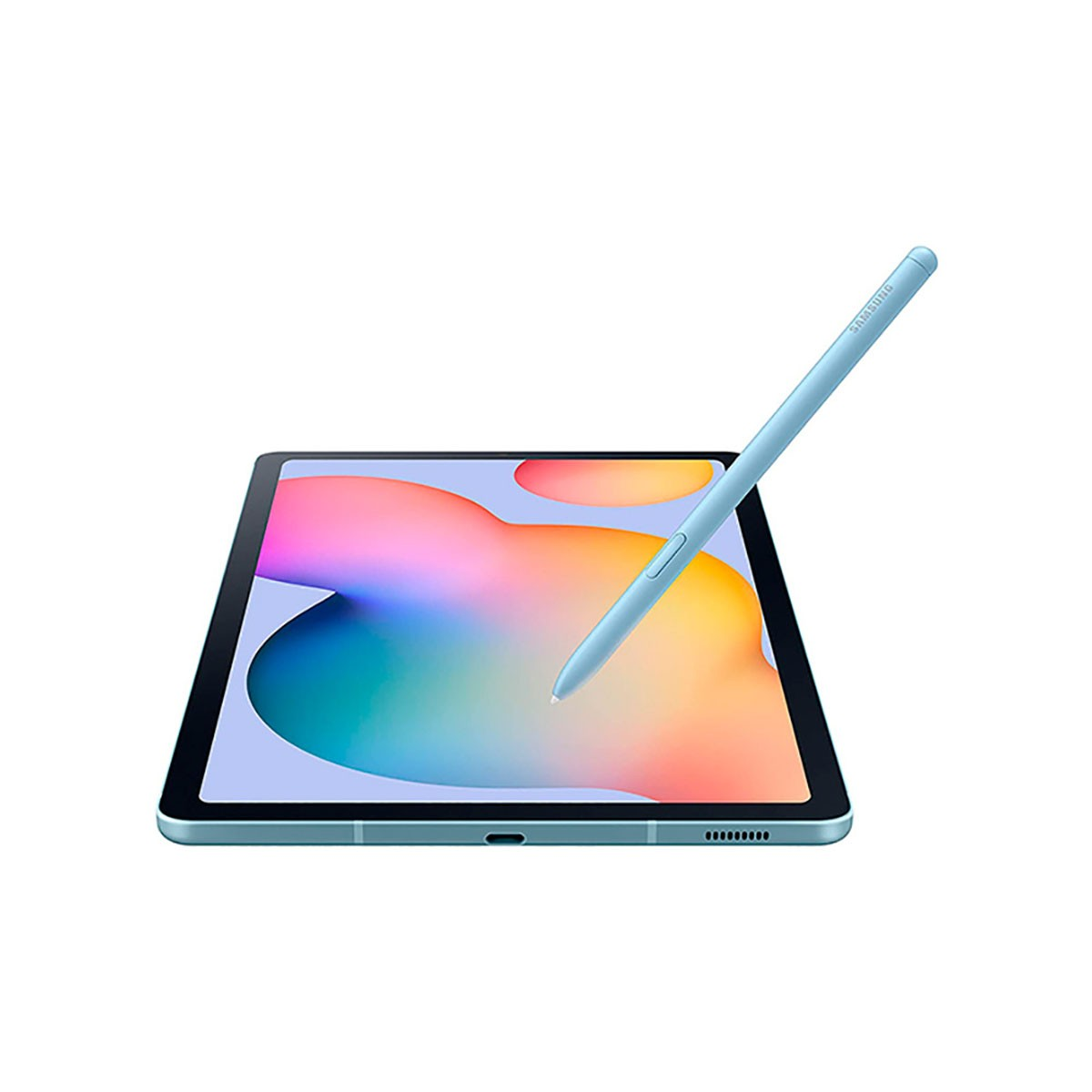 Ein blaues Tablet mit einem bunten Bildschirm und einem passenden blauen Eingabestift auf weißem Hintergrund.