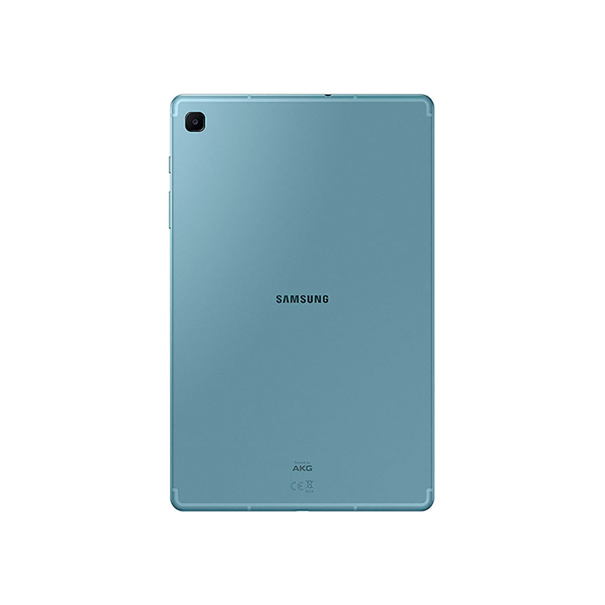 Die Rückseite eines hellblauen Samsung-Tablets mit Kamera oben links und Markenlogos in der Mitte.