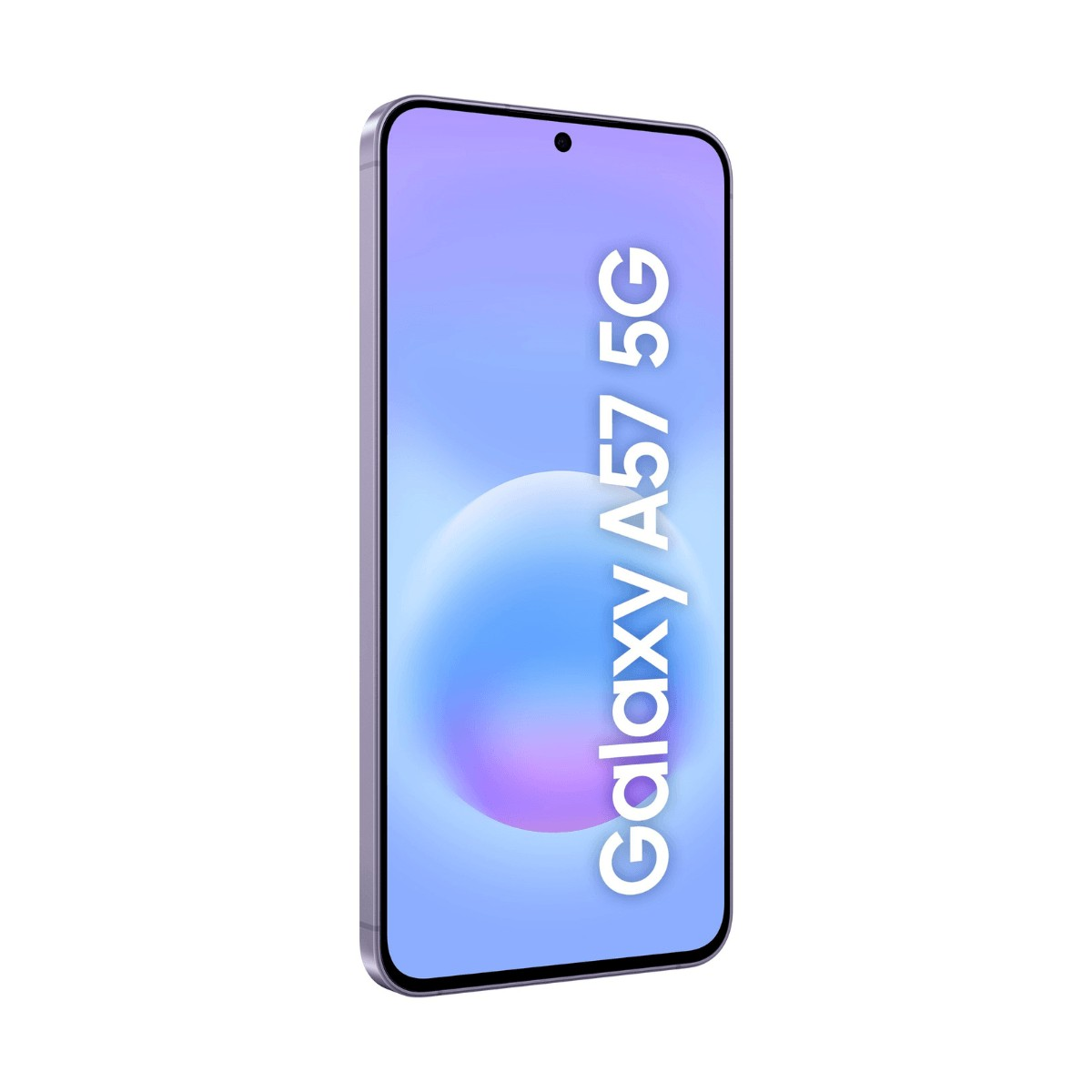 Uno smartphone viola mostra il testo Galaxy A57 5G sullo schermo azzurro su sfondo bianco.