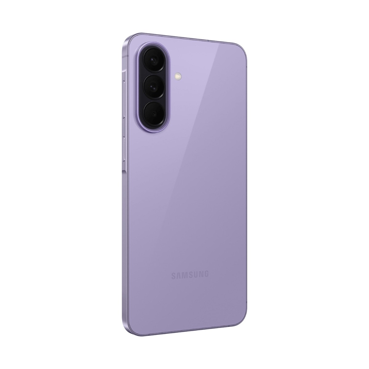Retro di uno smartphone viola chiaro con tre fotocamere verticali e il logo Samsung.