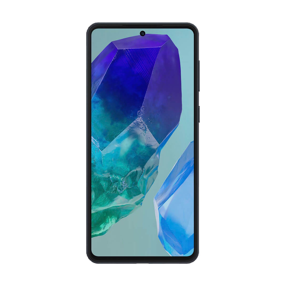Ein schwarzes Smartphone zeigt auf dem Bildschirm ein abstraktes blaues und violettes Kristallmuster.