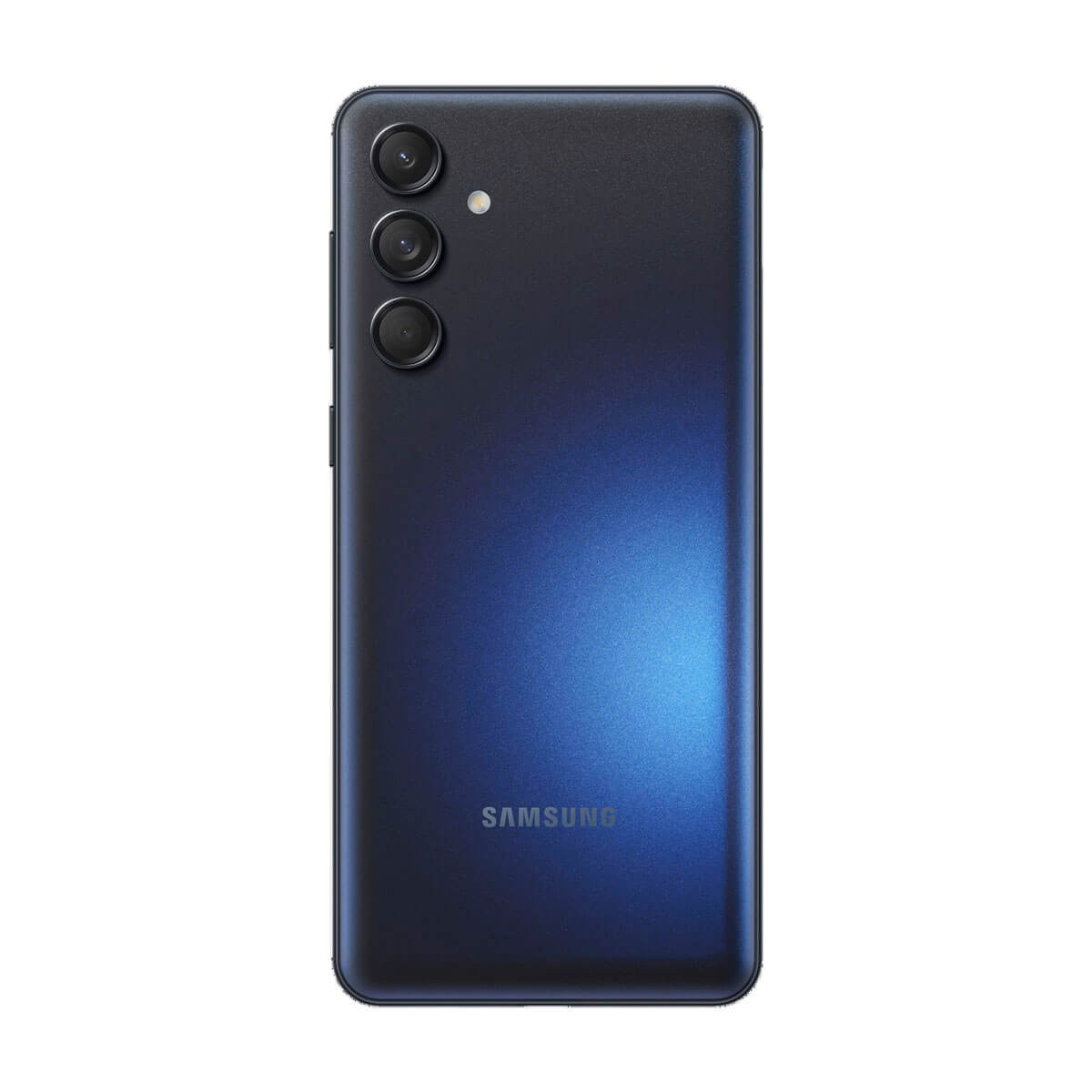 Rückseite eines blauen Samsung-Smartphones mit drei vertikalen Kameras.