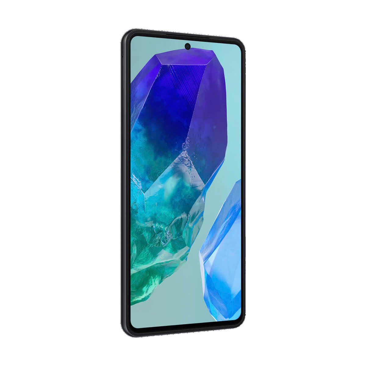 Ein schwarzes Smartphone zeigt auf dem Display eine abstrakte Grafik mit blauen und grünen Kristallen.