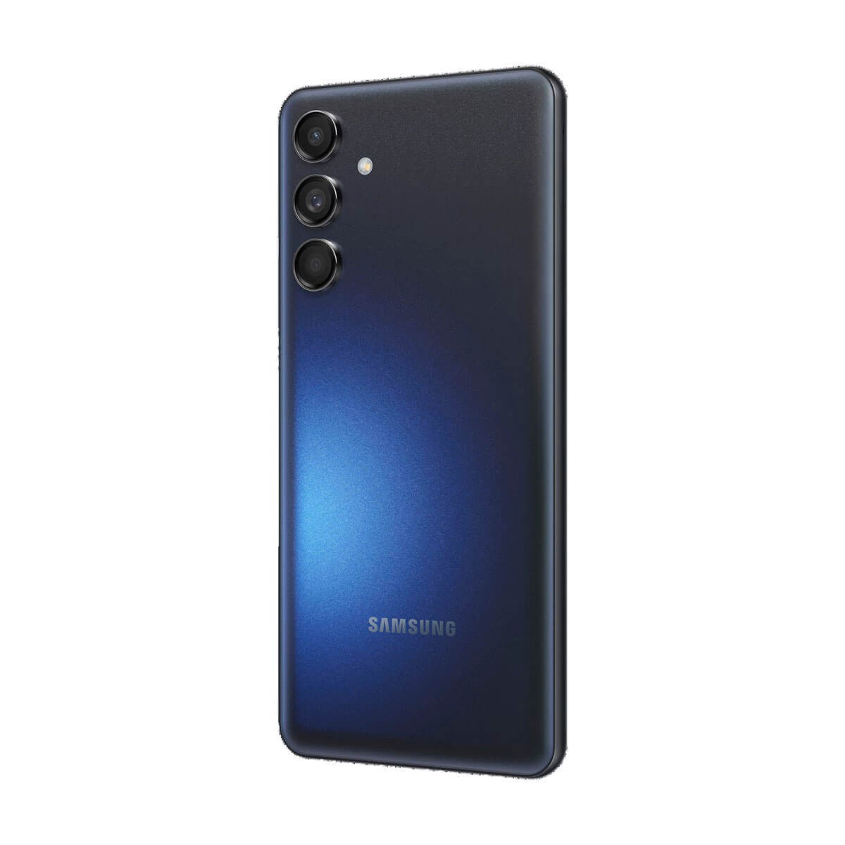 Rückseite eines dunklen Samsung-Smartphones mit drei vertikal angeordneten Kameralinsen und dem Samsung-Logo.