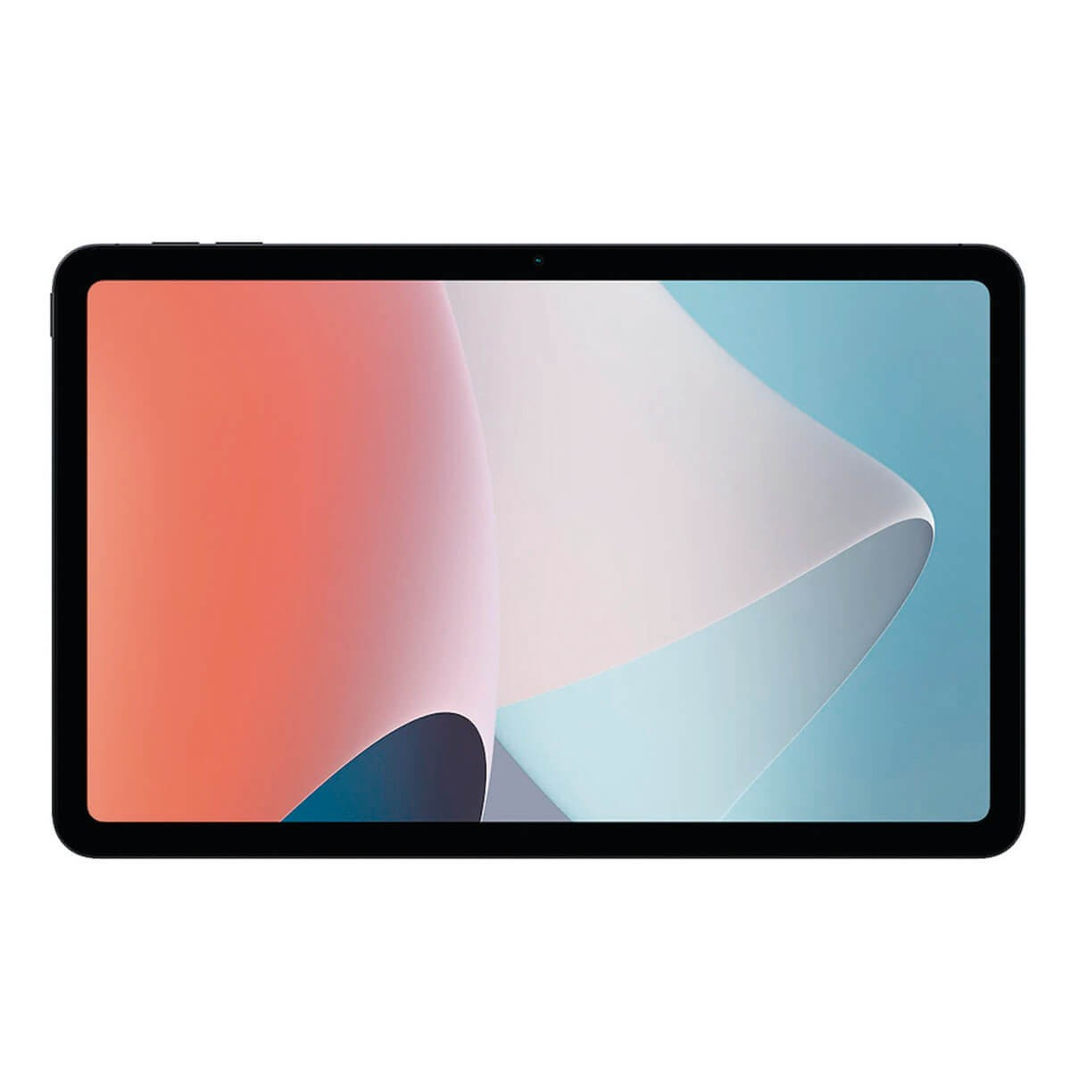 Un tablet nero con angoli arrotondati mostra uno schermo con forme astratte fluide rosa e blu.
