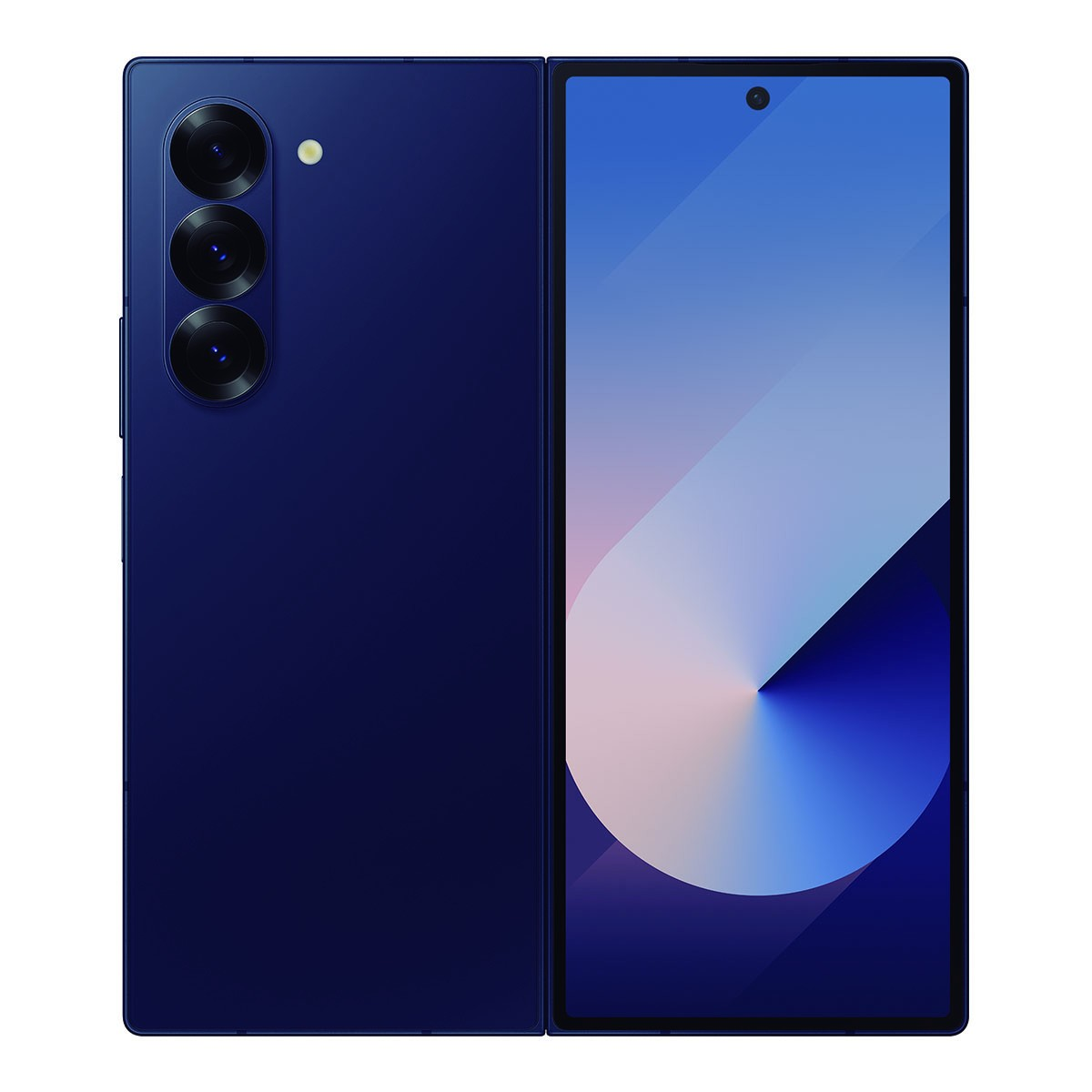 Uno smartphone pieghevole blu scuro che mostra il retro con tre fotocamere verticali e lo schermo anteriore con sfondo blu.