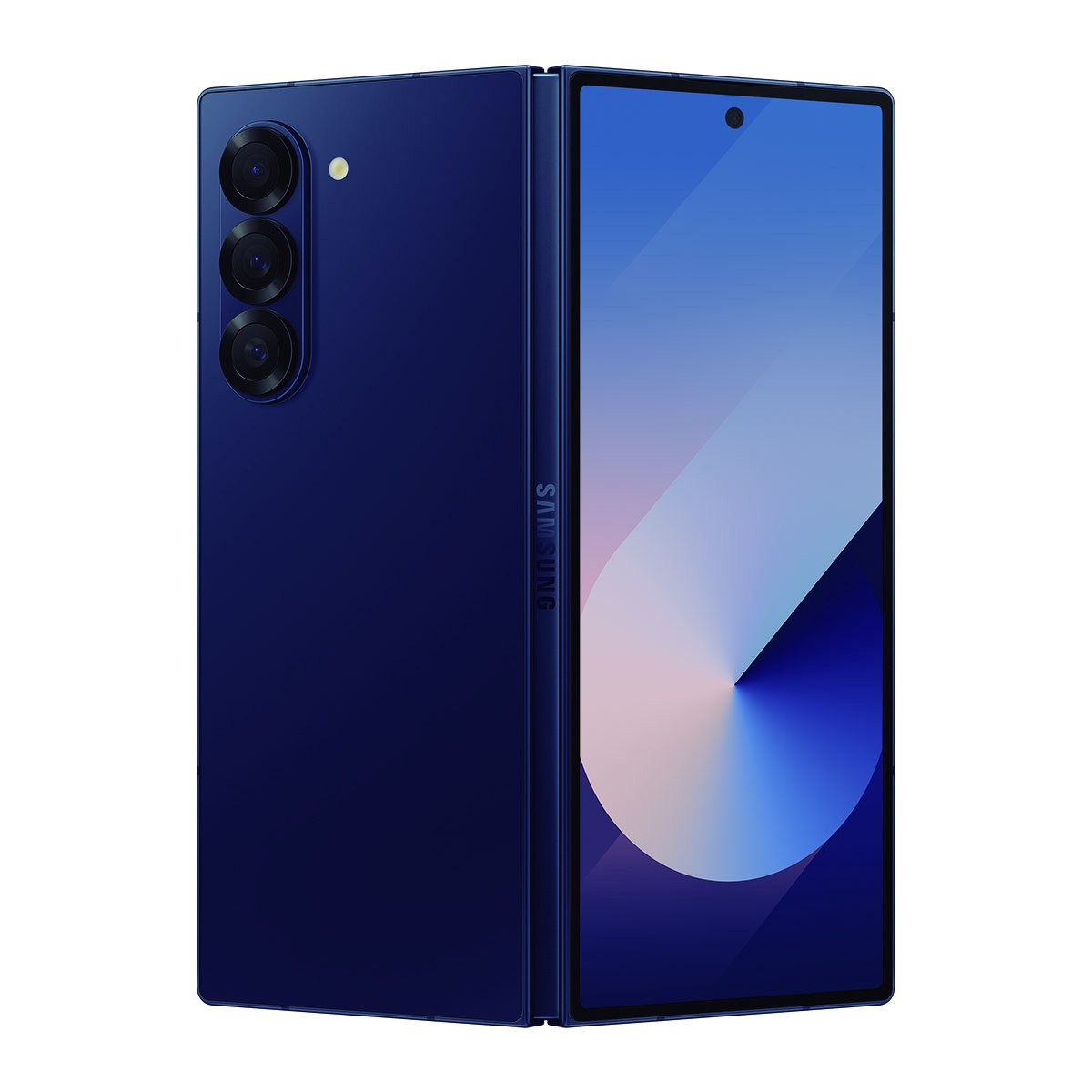 Uno smartphone pieghevole blu scuro è in piedi, mostrando la tripla fotocamera posteriore e lo schermo luminoso.
