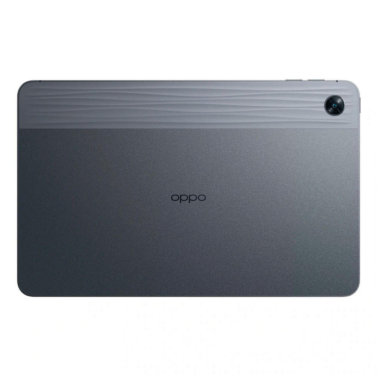 Retro di un tablet Oppo grigio scuro con obiettivo della fotocamera e sezione superiore testurizzata.
