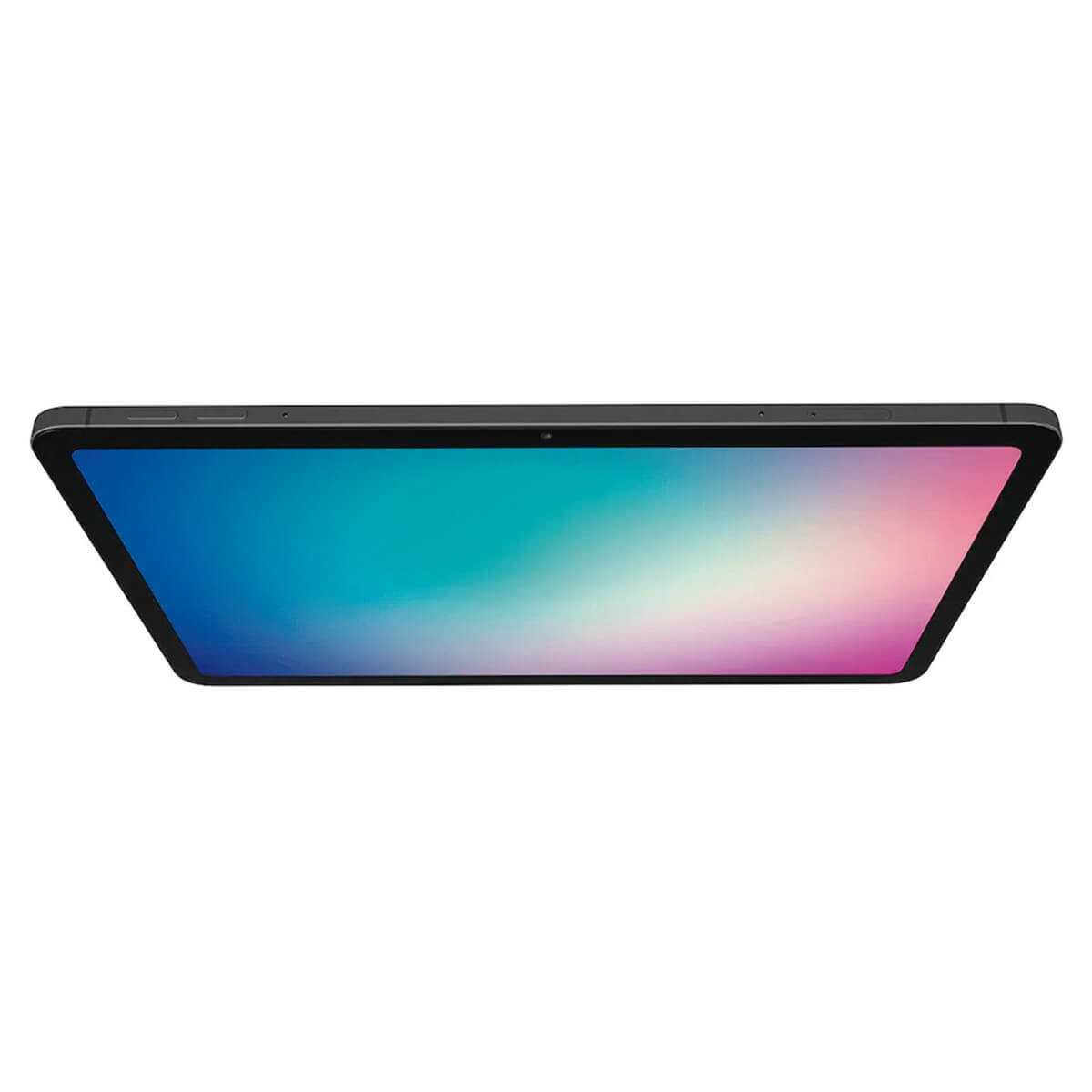 Un tablet nero poggiato su sfondo bianco mostra uno sfondo sfumato blu e rosa sullo schermo.