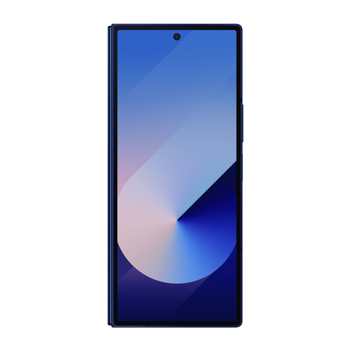 Uno smartphone blu con un grande schermo che mostra uno sfondo astratto blu e bianco.