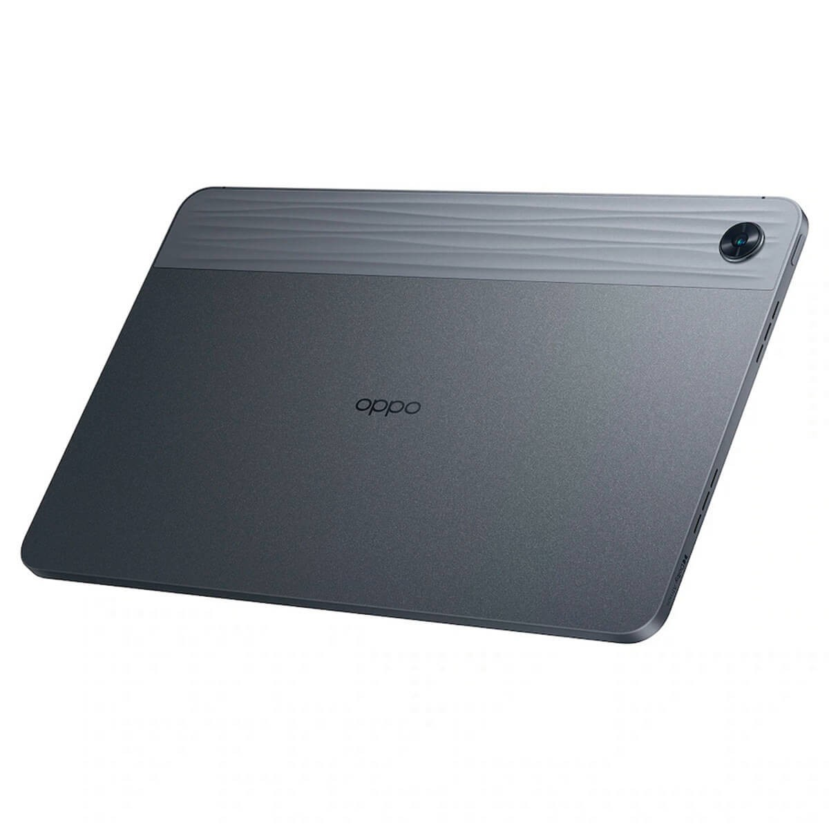 Retro di un tablet Oppo grigio con un motivo a onde orizzontale in alto e una fotocamera nell'angolo.