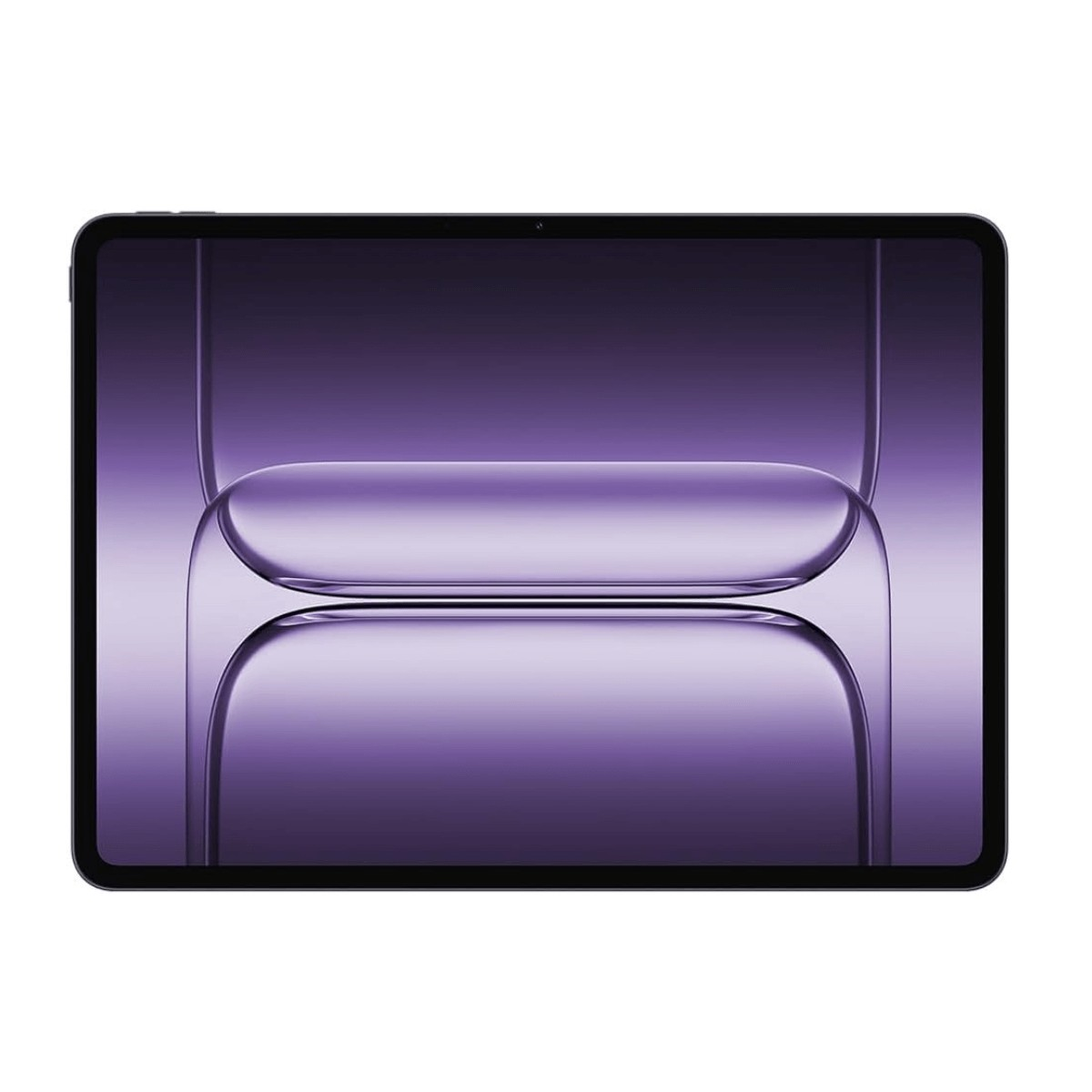 Un tablet con custodia scura che mostra uno sfondo astratto con sfumature viola.