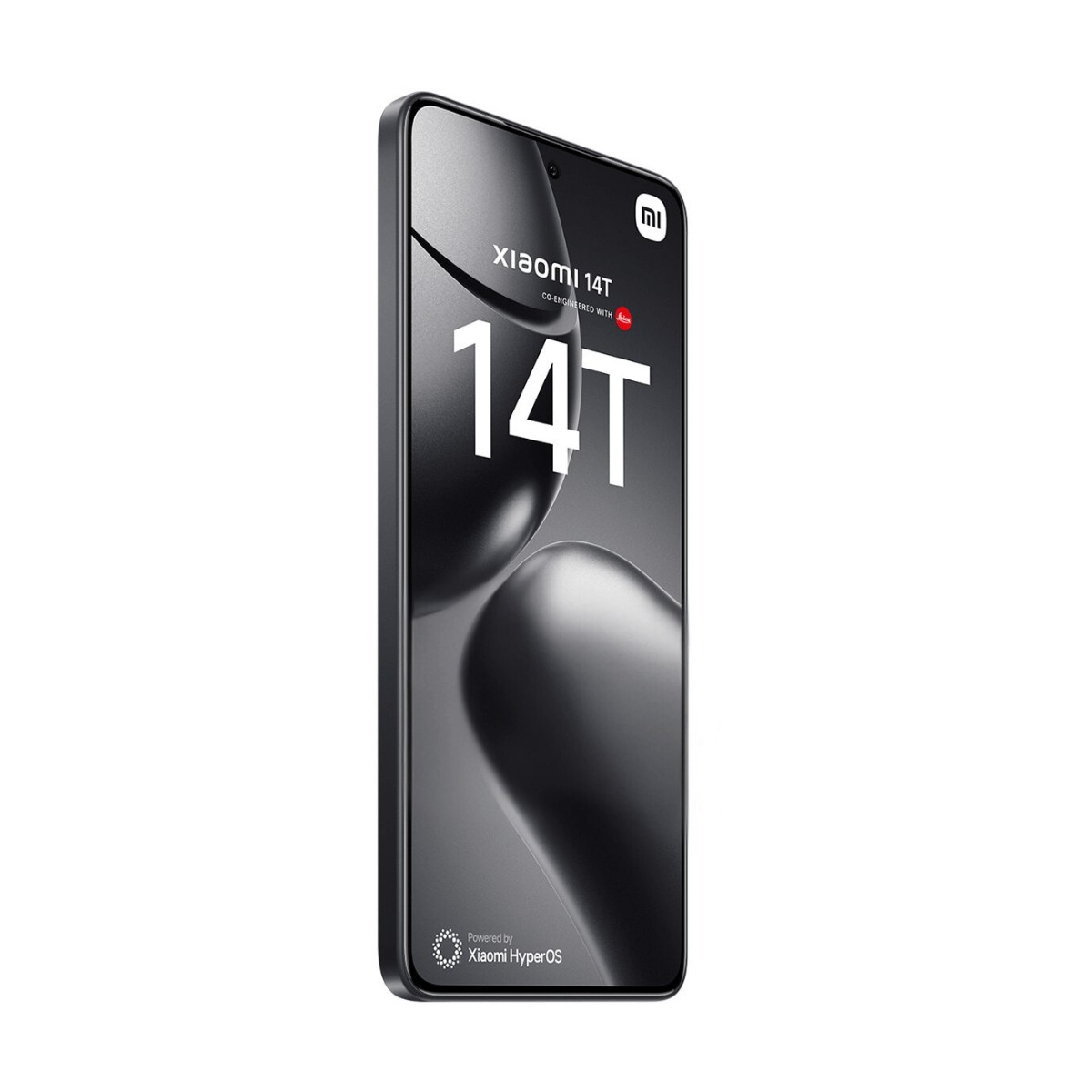 Ein schwarzes Xiaomi 14T Smartphone steht schräg auf weißem Hintergrund, der Bildschirm zeigt das Modell.