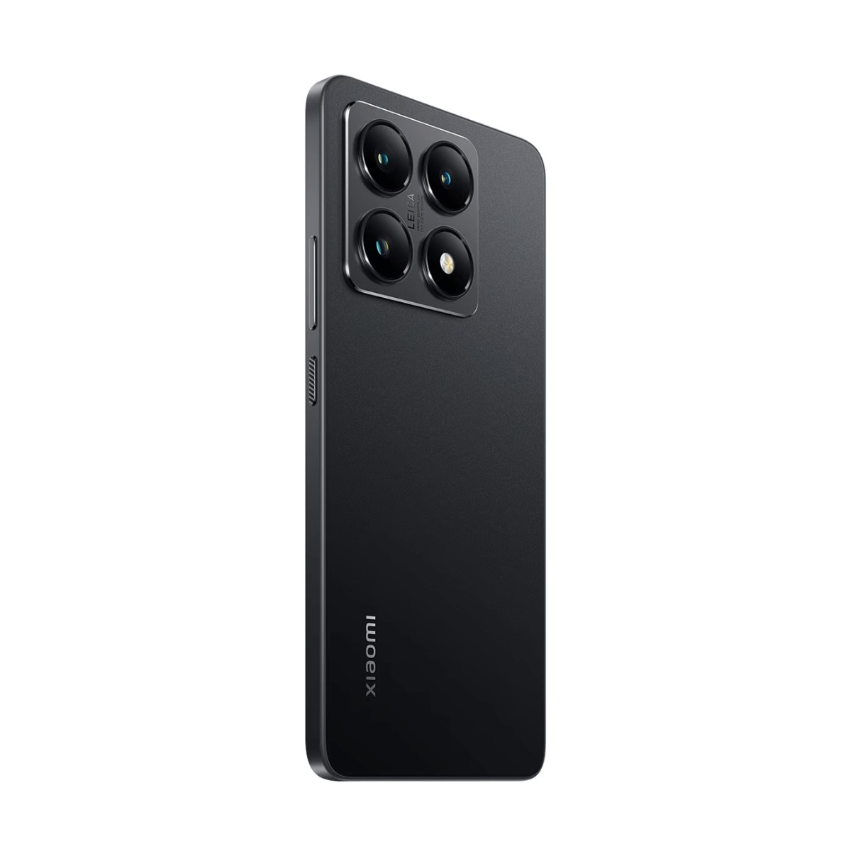 Rückansicht eines schwarzen Smartphones mit quadratischem Kameramodul oben und Xiaomi-Logo unten.