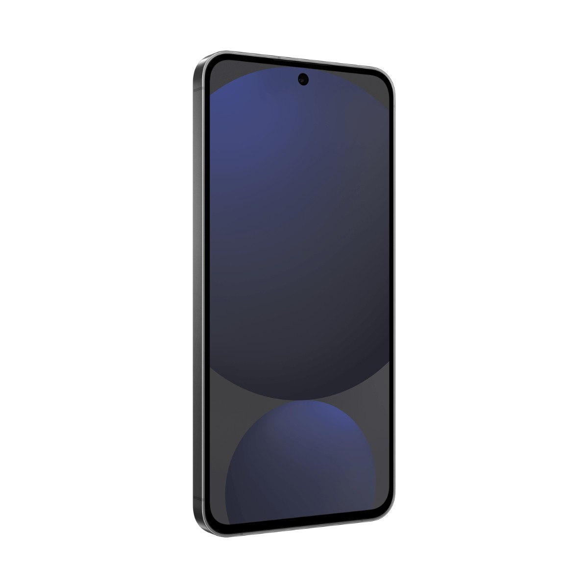 Uno smartphone con corpo scuro e sfondo blu sferico sullo schermo.